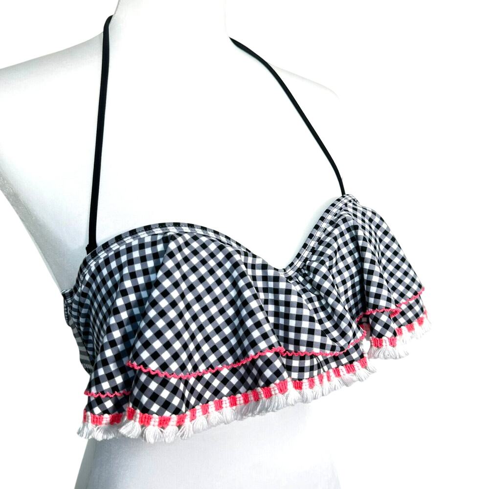 ARIZONA NWT Large Black White Gingham Plaid Ruffle Halter Padded Bikini Top Swim
